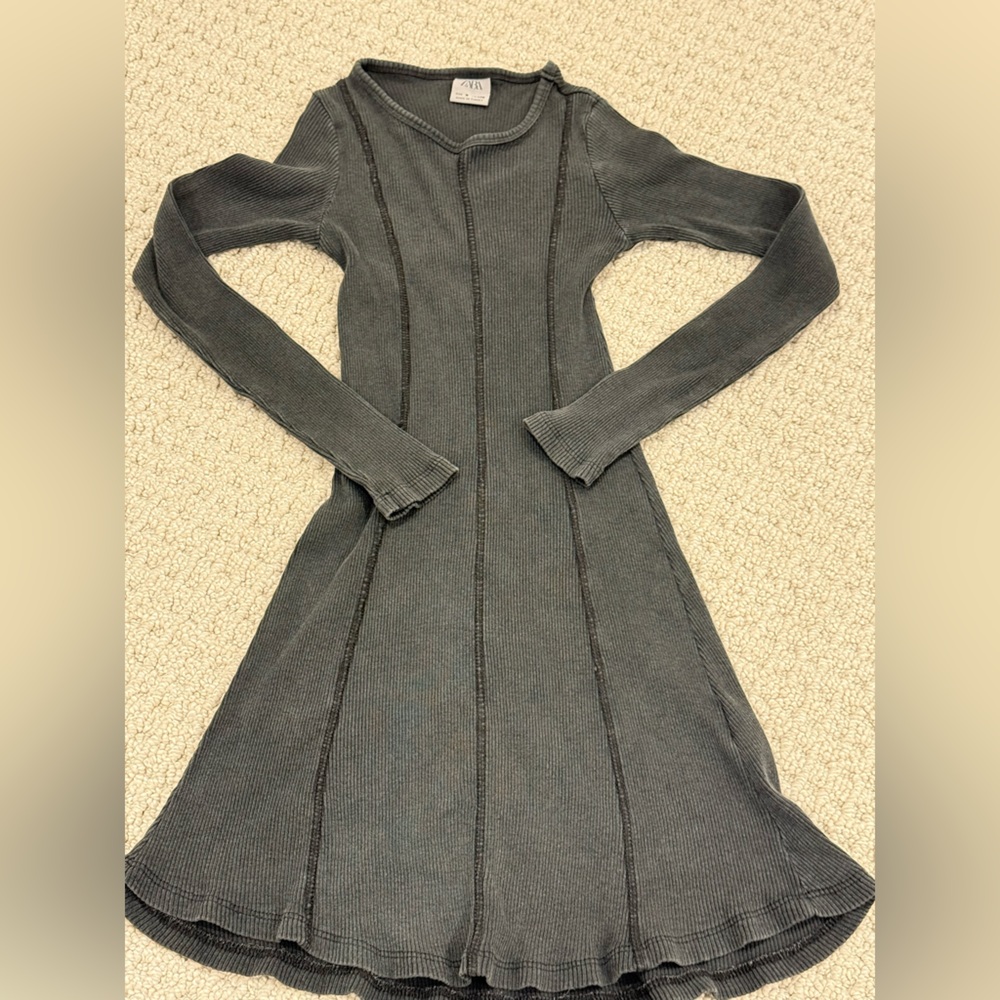 Gray Ribbed Long Sleeve Dress